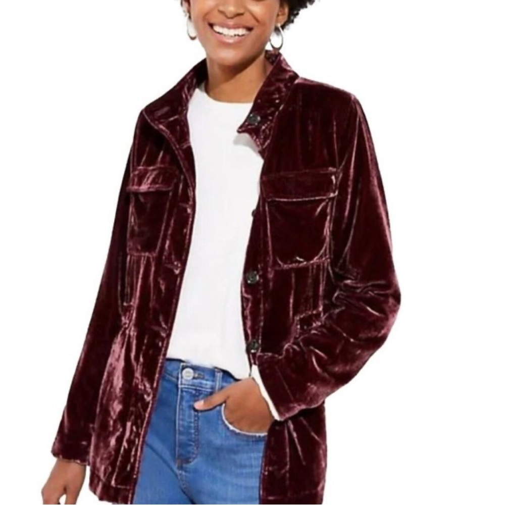 LOFT Crushed Mauve Berry Velvet Utility Jacket Button Front Tie Sz MED